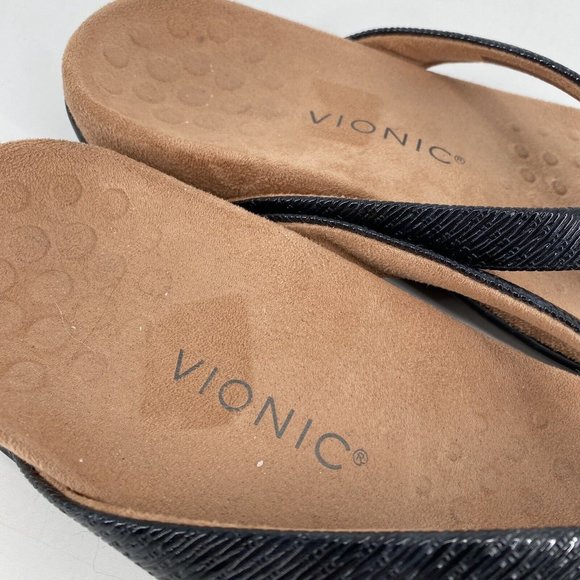 Vionic Sandals Women’s 7.5 wide black leather flip flop bow comfort walking - Picture 4 of 6